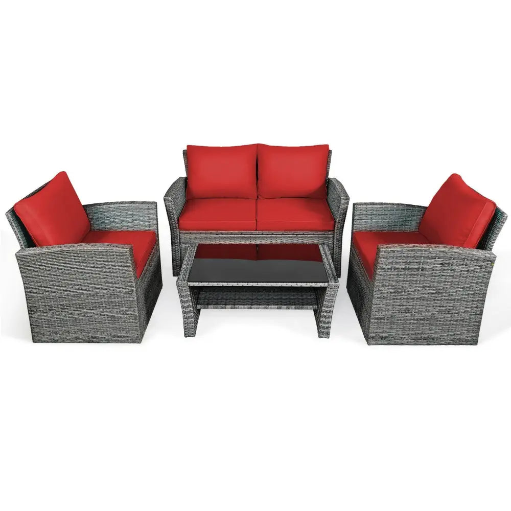 4 Pieces Patio Rattan Furniture Set Sofa Table with Storage Shelf Cushion-Red - Red - Patio Furniture Sets