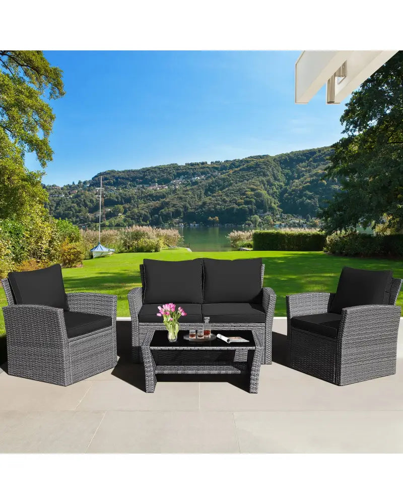 4 Pieces Patio Rattan Furniture Set Sofa Table with Storage Shelf Cushion-Black - Black - Patio Furniture Sets