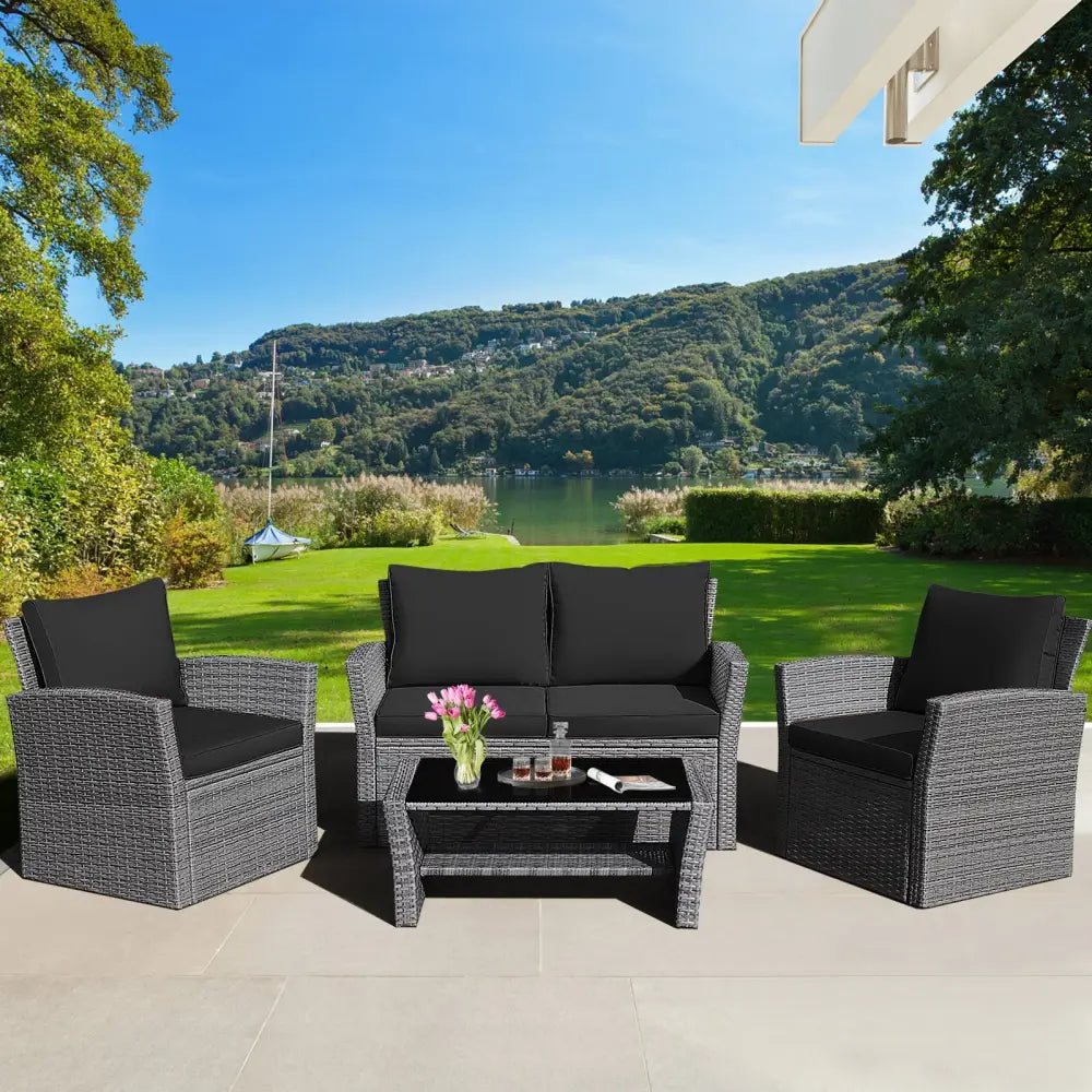 4 Pieces Patio Rattan Furniture Set Sofa Table with Storage Shelf Cushion-Black - Black - Patio Furniture Sets