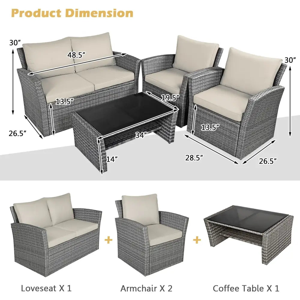 4 Pieces Patio Rattan Furniture Set Sofa Table with Storage Shelf Cushion-Beige - Beige - Patio Furniture Sets