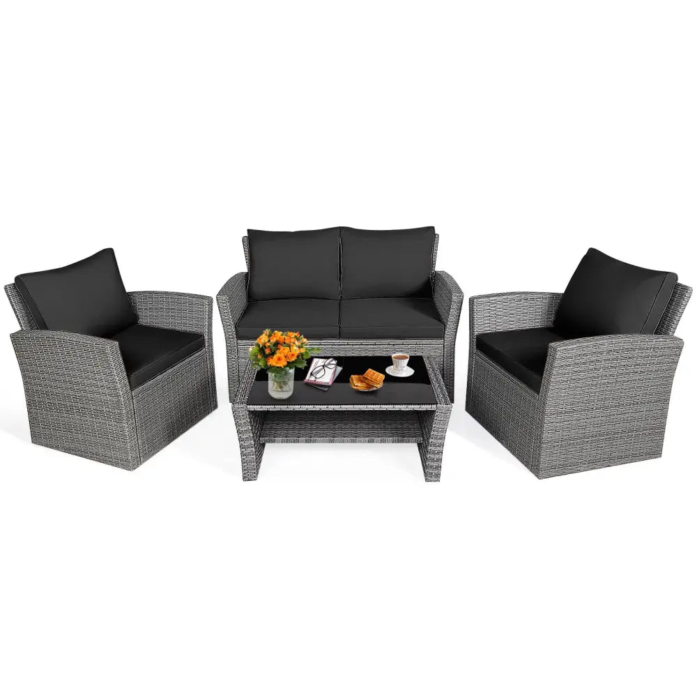 4 Pieces Patio Rattan Furniture Set Sofa Table with Storage Shelf Cushion-Black - Black - Patio Furniture Sets