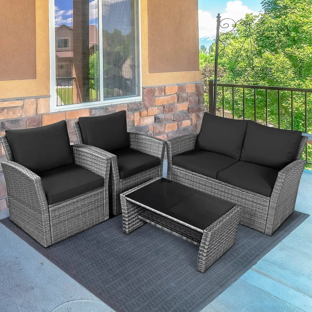 4 Pieces Patio Rattan Furniture Set Sofa Table with Storage Shelf Cushion-Black - Black - Patio Furniture Sets