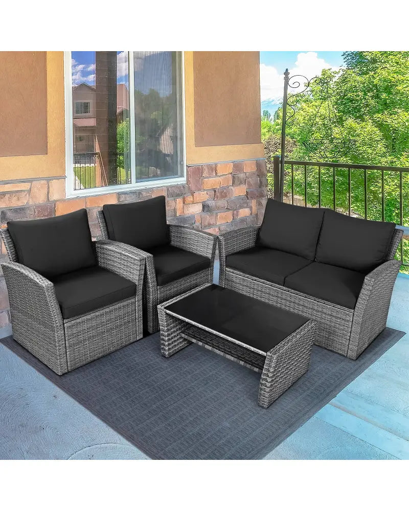 4 Pieces Patio Rattan Furniture Set Sofa Table with Storage Shelf Cushion-Black - Black - Patio Furniture Sets