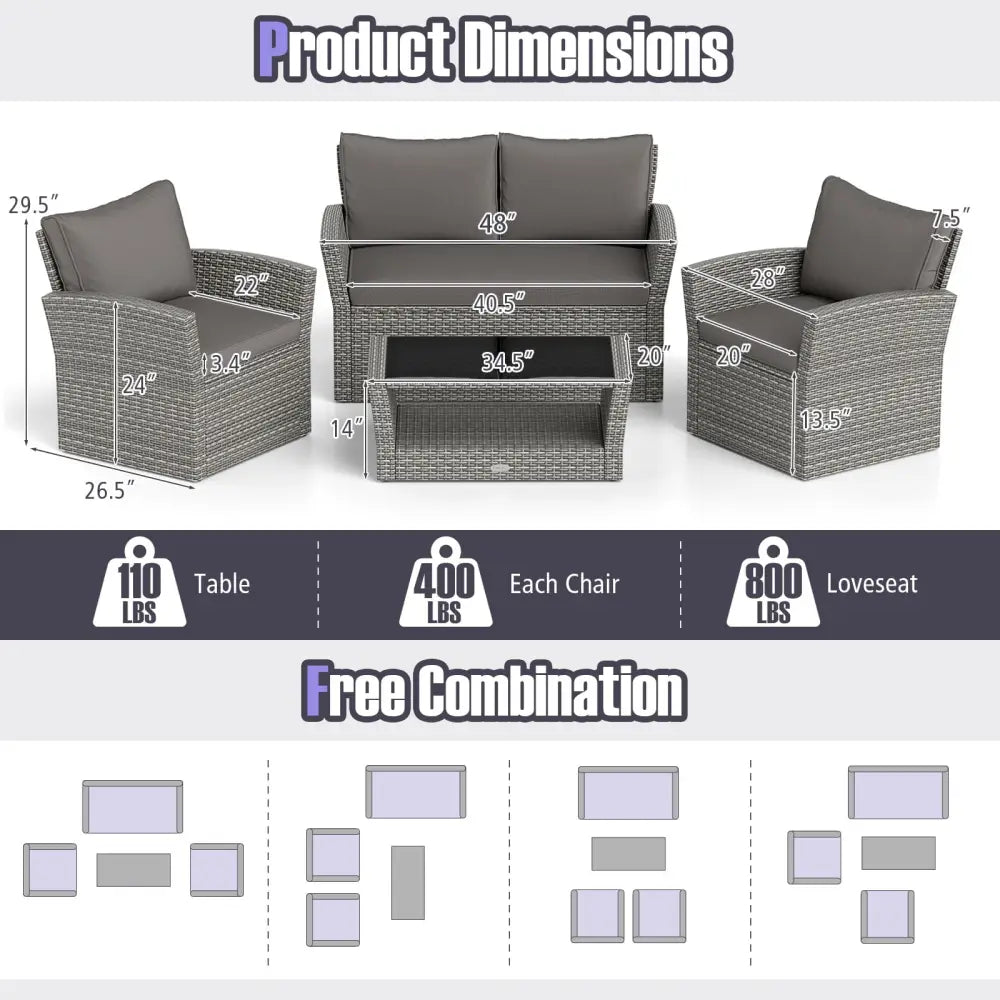 4 Pieces Patio Rattan Furniture Set Sofa Table with Storage Shelf Cushion-Gray - Gray - Patio Furniture Sets