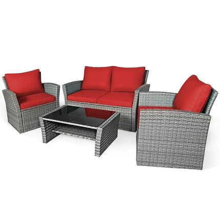 4 Pieces Patio Rattan Furniture Set Sofa Table with Storage Shelf Cushion-Red - Red - Patio Furniture Sets