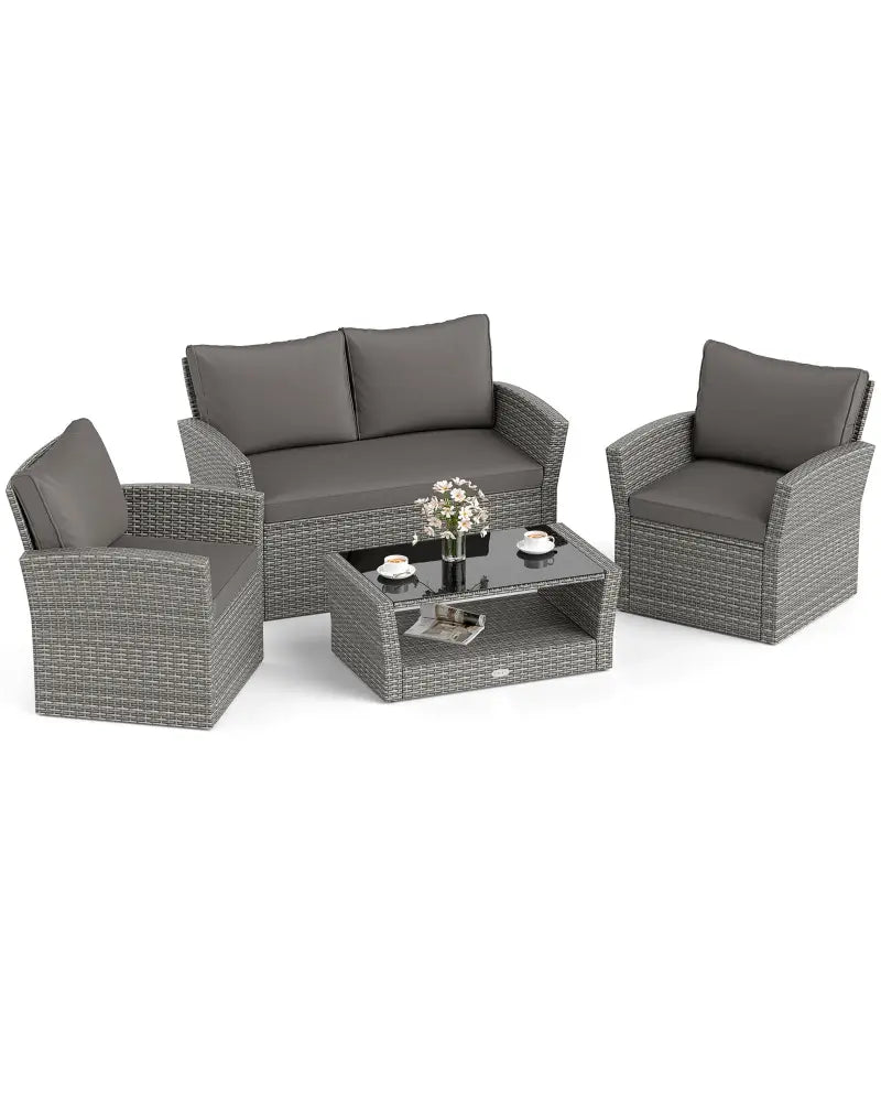 4 Pieces Patio Rattan Furniture Set Sofa Table with Storage Shelf Cushion-Gray - Gray - Patio Furniture Sets