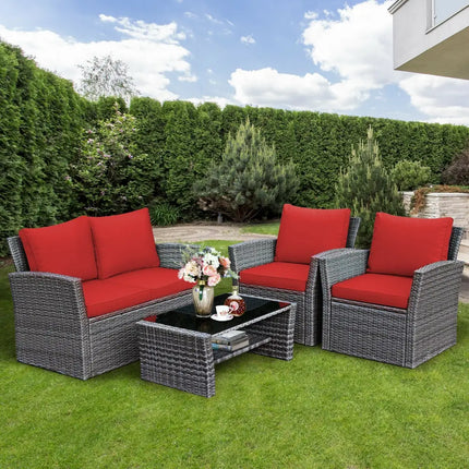 4 Pieces Patio Rattan Furniture Set Sofa Table with Storage Shelf Cushion-Red - Red - Patio Furniture Sets