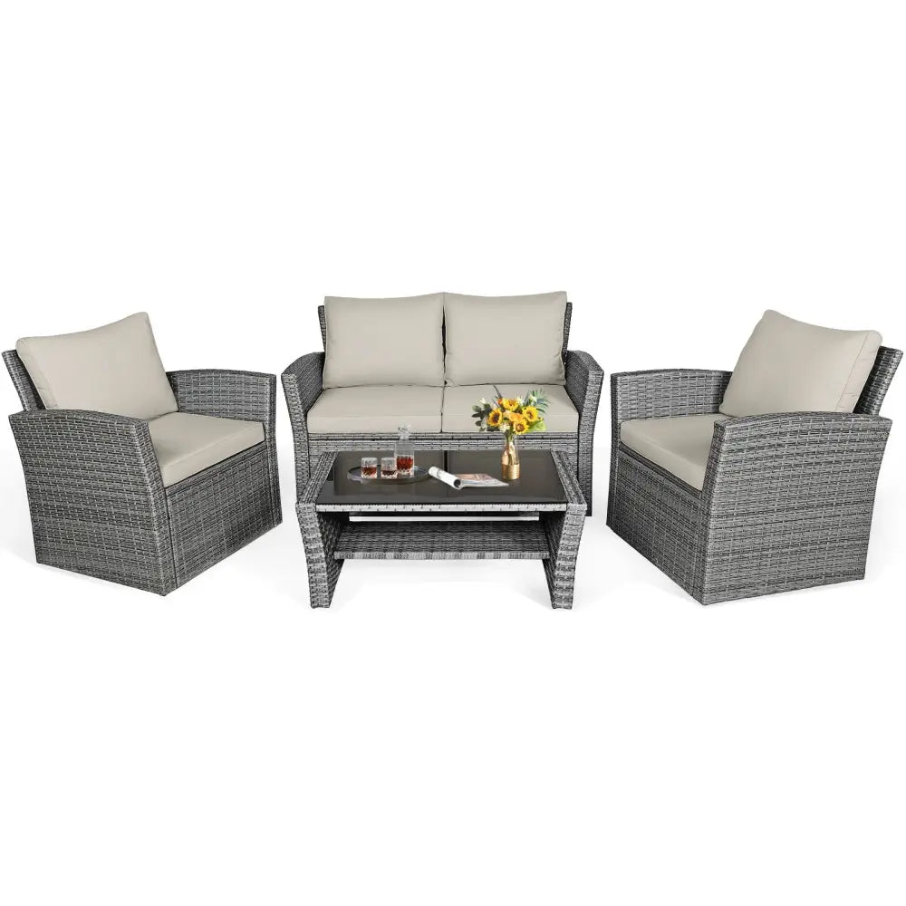 4 Pieces Patio Rattan Furniture Set Sofa Table with Storage Shelf Cushion-Beige - Beige - Patio Furniture Sets