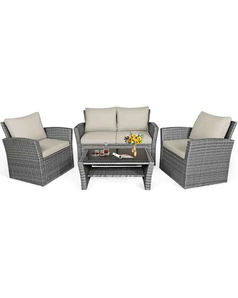 4 Pieces Patio Rattan Furniture Set Sofa Table with Storage Shelf Cushion-Beige - Beige - Patio Furniture Sets
