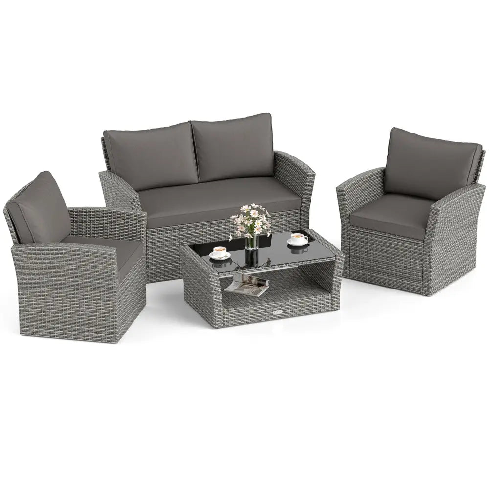 4 Pieces Patio Rattan Furniture Set Sofa Table with Storage Shelf Cushion-Gray - Gray - Patio Furniture Sets