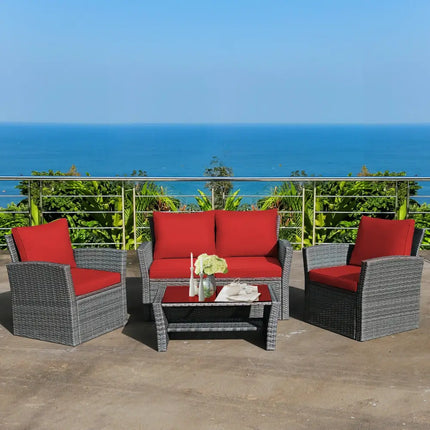 4 Pieces Patio Rattan Furniture Set Sofa Table with Storage Shelf Cushion-Red - Red - Patio Furniture Sets