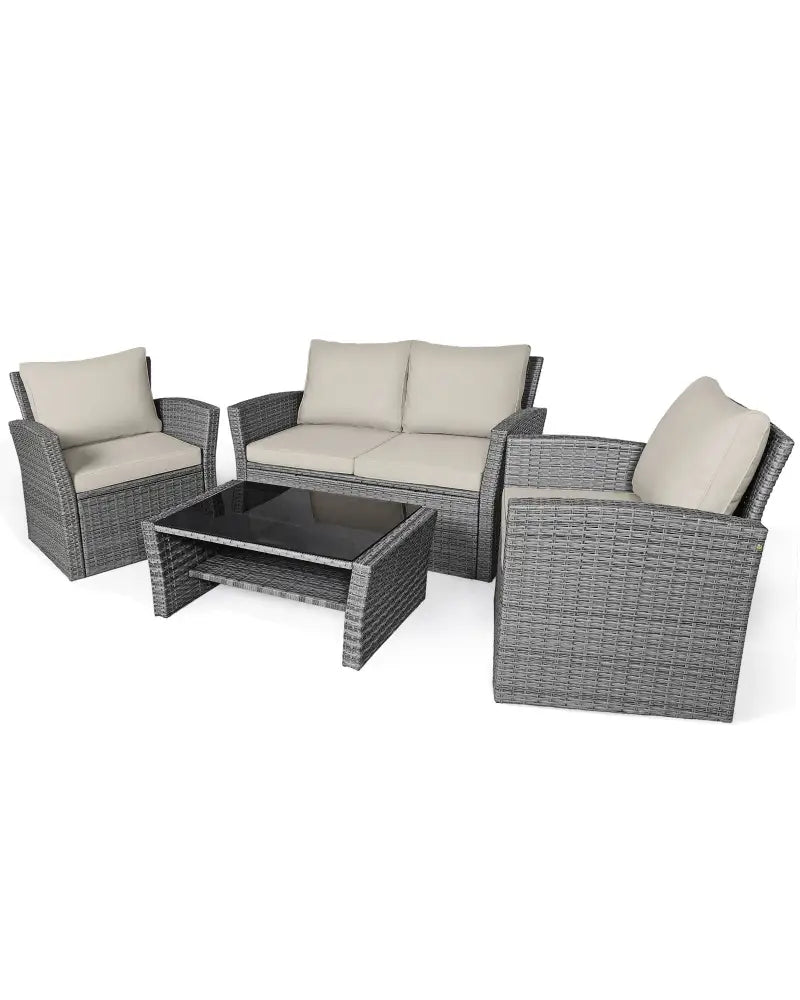 4 Pieces Patio Rattan Furniture Set Sofa Table with Storage Shelf Cushion-Beige - Beige - Patio Furniture Sets