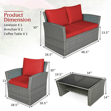 4 Pieces Patio Rattan Furniture Set Sofa Table with Storage Shelf Cushion-Red - Red - Patio Furniture Sets
