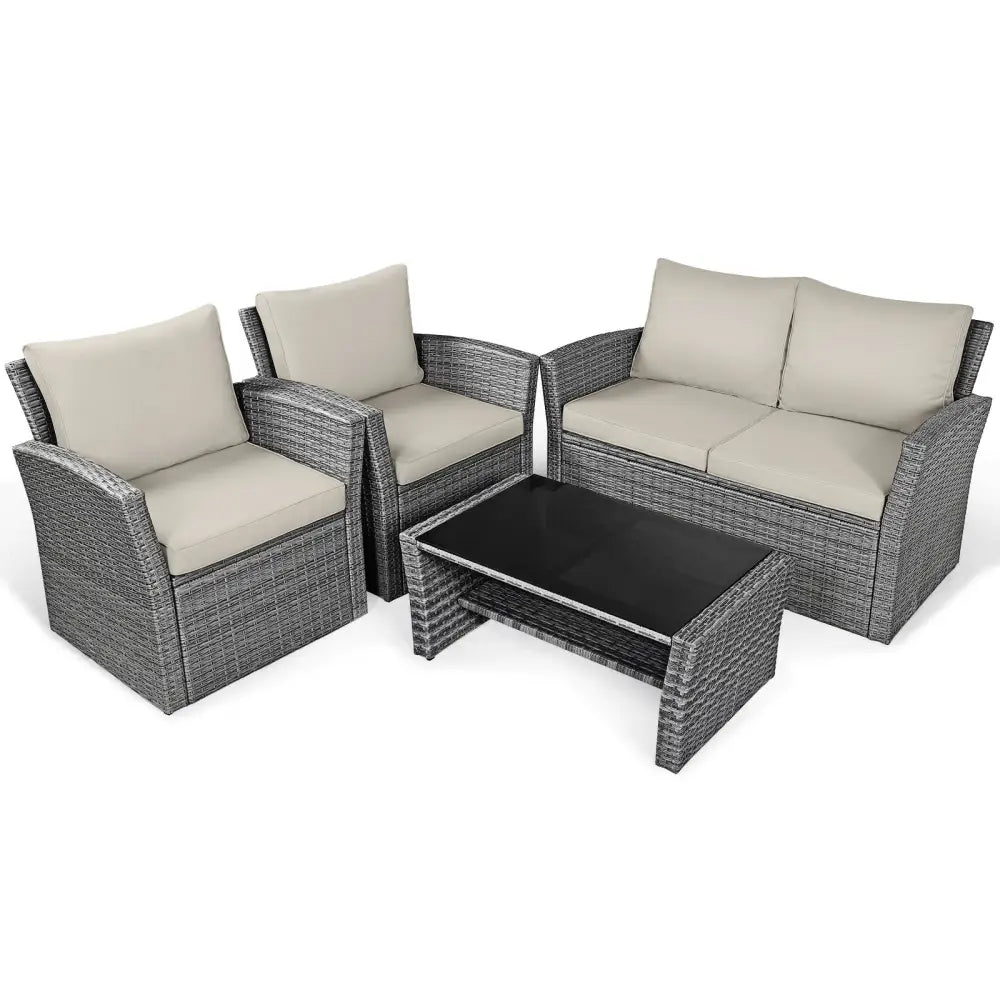 4 Pieces Patio Rattan Furniture Set Sofa Table with Storage Shelf Cushion-Beige - Beige - Patio Furniture Sets