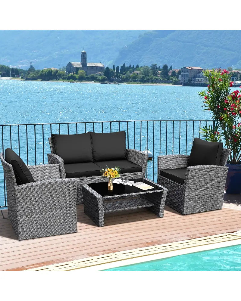 4 Pieces Patio Rattan Furniture Set Sofa Table with Storage Shelf Cushion-Black - Black - Patio Furniture Sets