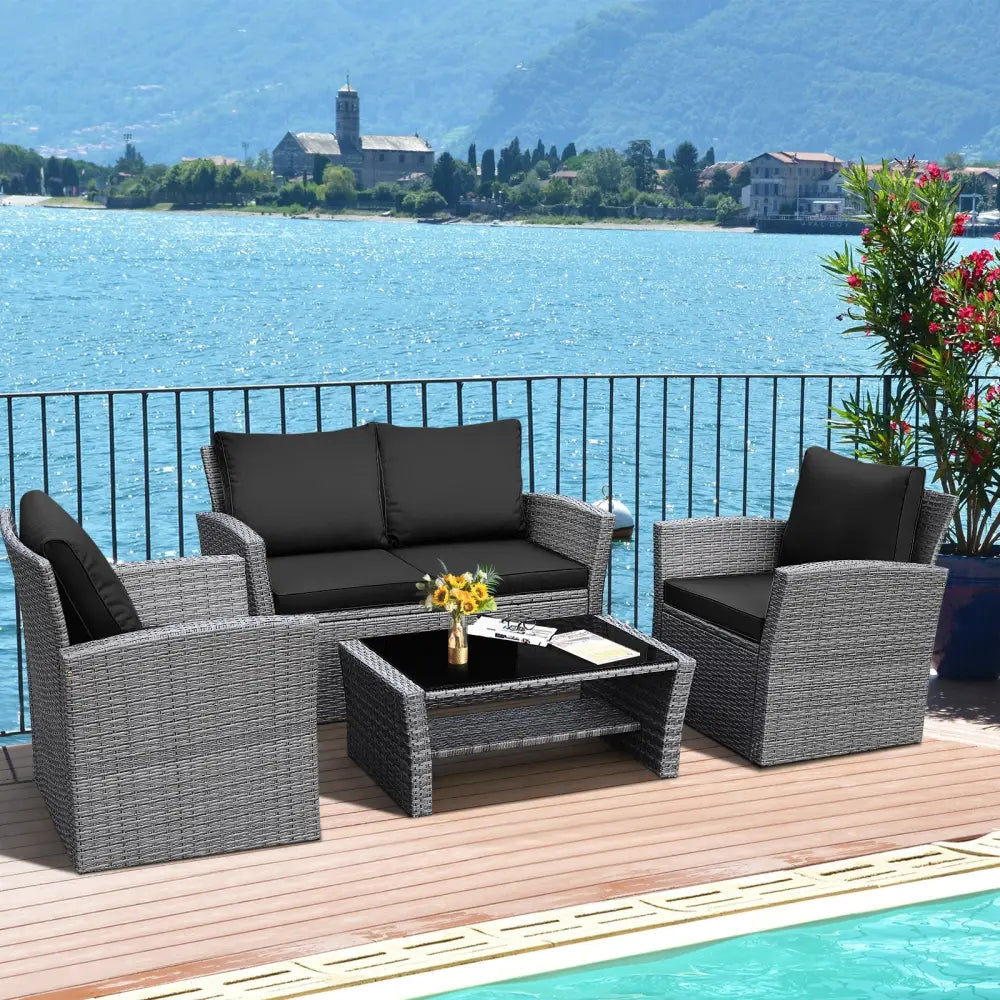 4 Pieces Patio Rattan Furniture Set Sofa Table with Storage Shelf Cushion-Black - Black - Patio Furniture Sets