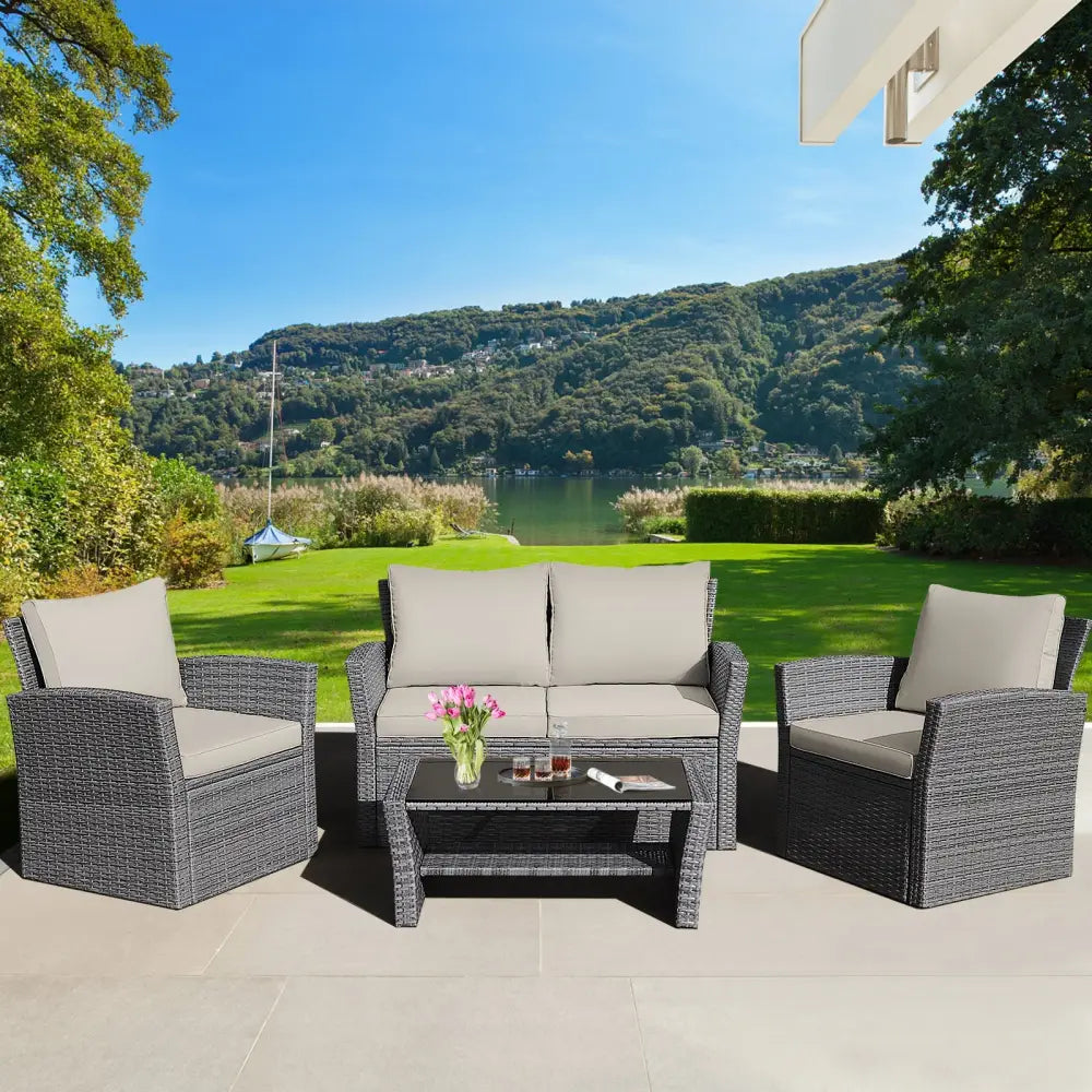 4 Pieces Patio Rattan Furniture Set Sofa Table with Storage Shelf Cushion-Beige - Beige - Patio Furniture Sets