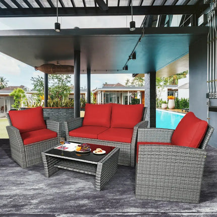 4 Pieces Patio Rattan Furniture Set Sofa Table with Storage Shelf Cushion-Red - Red - Patio Furniture Sets