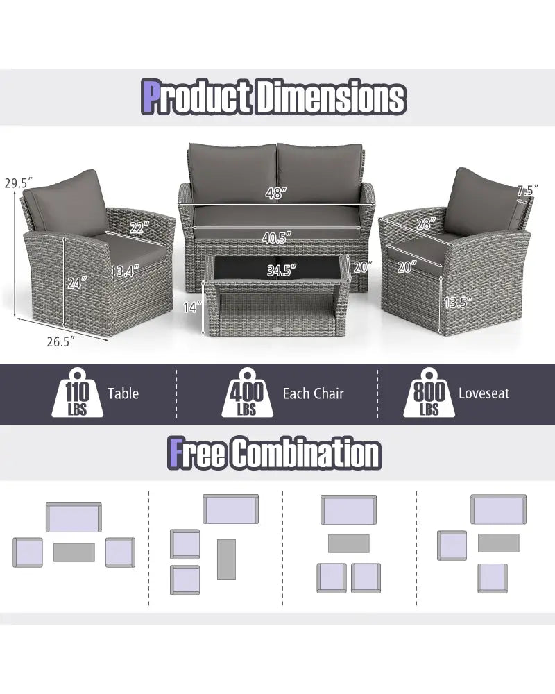 4 Pieces Patio Rattan Furniture Set Sofa Table with Storage Shelf Cushion-Gray - Gray - Patio Furniture Sets