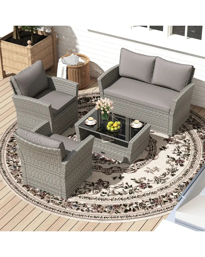 4 Pieces Patio Rattan Furniture Set Sofa Table with Storage Shelf Cushion-Gray - Gray - Patio Furniture Sets