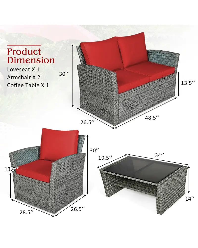 4 Pieces Patio Rattan Furniture Set Sofa Table with Storage Shelf Cushion-Red - Red - Patio Furniture Sets