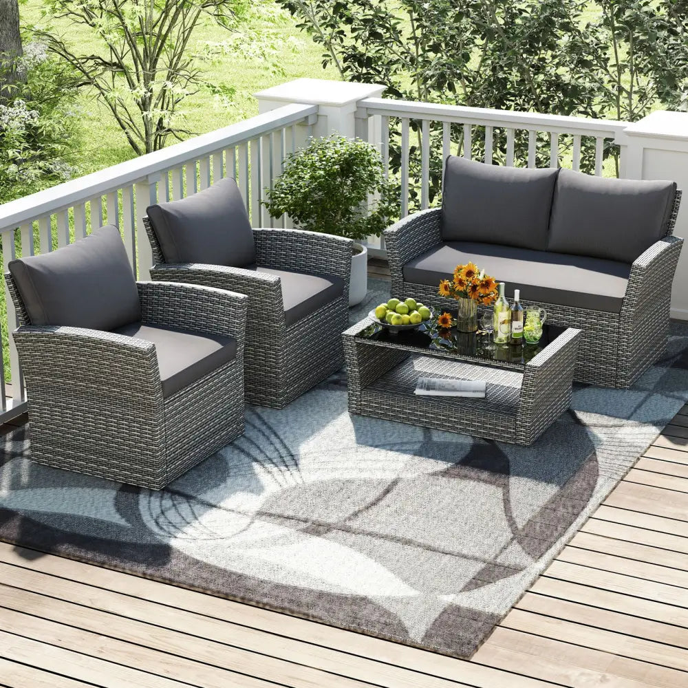 4 Pieces Patio Rattan Furniture Set Sofa Table with Storage Shelf Cushion-Gray - Gray - Patio Furniture Sets