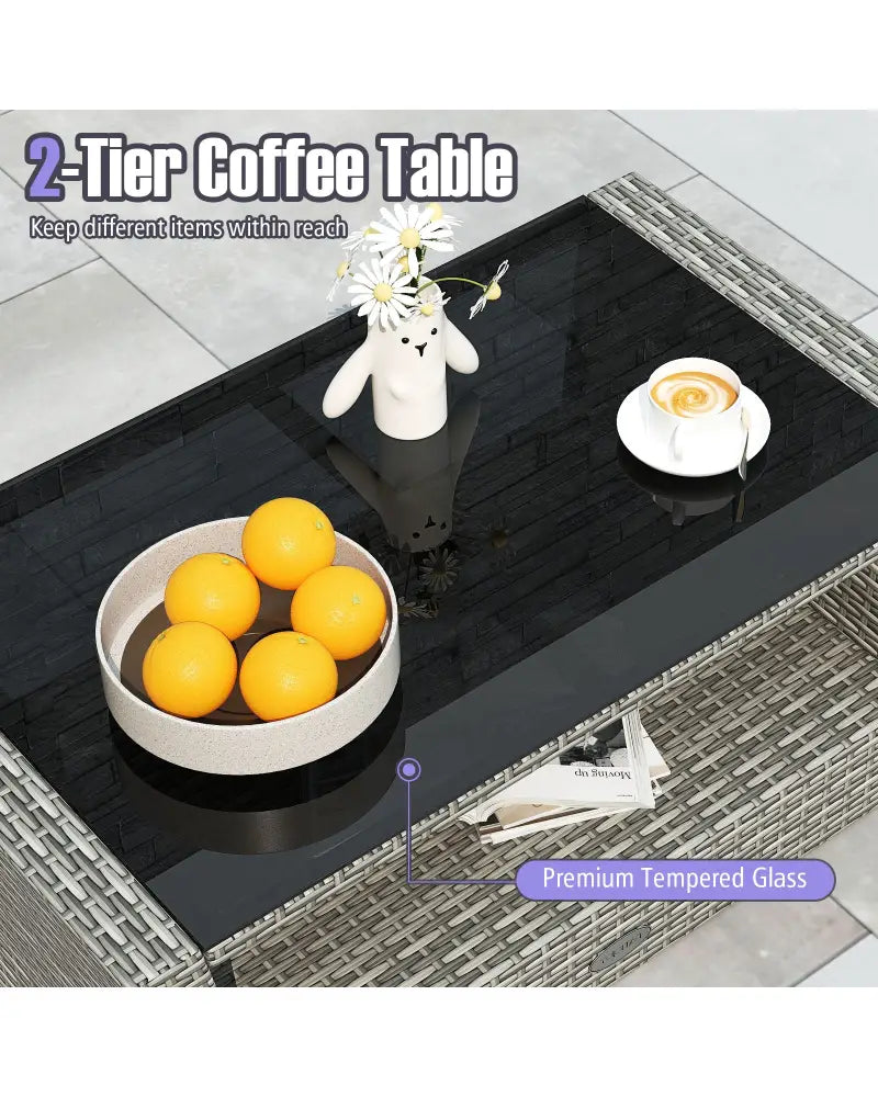 4 Pieces Patio Rattan Furniture Set Sofa Table with Storage Shelf Cushion-Gray - Gray - Patio Furniture Sets