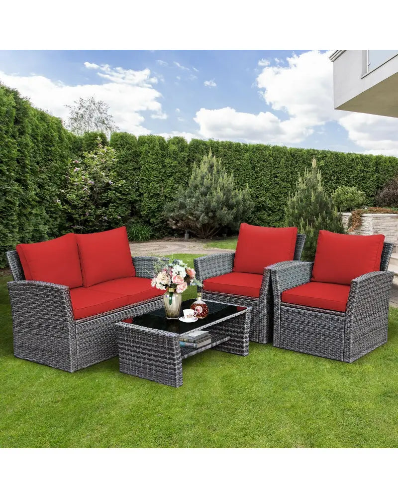 4 Pieces Patio Rattan Furniture Set Sofa Table with Storage Shelf Cushion-Red - Red - Patio Furniture Sets
