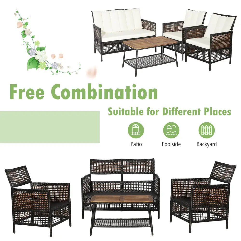 4 Pieces Patio Rattan Furniture Set with 2-Tier Coffee Table-White - White - Patio Conversation Sets