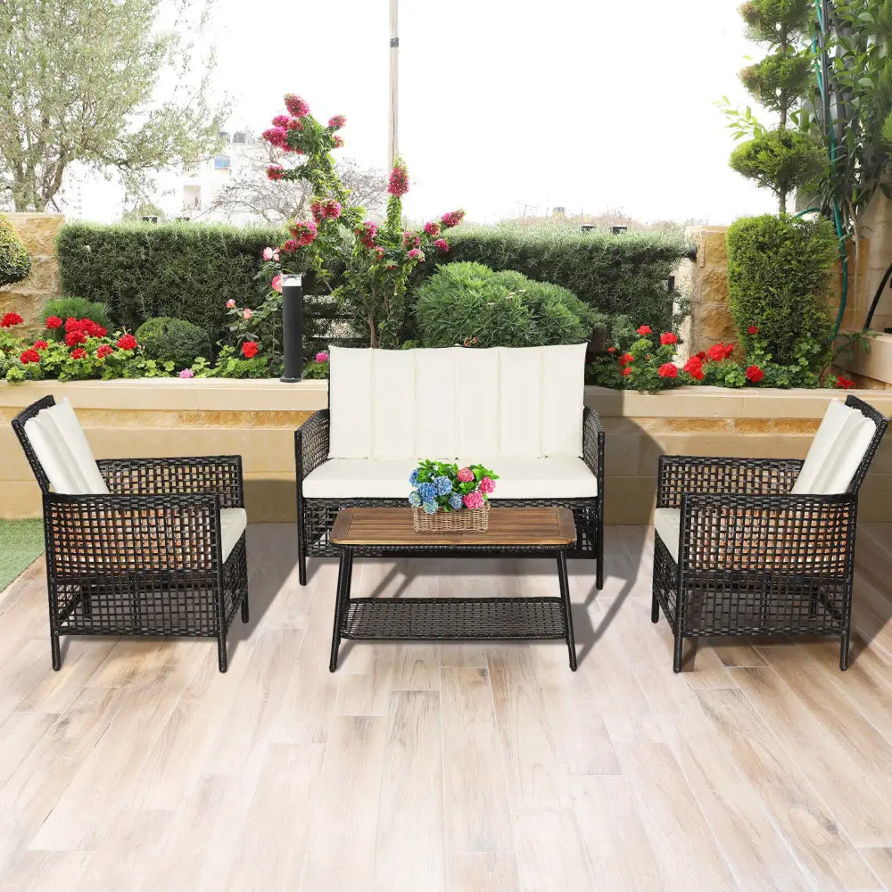 4 Pieces Patio Rattan Furniture Set with 2-Tier Coffee Table-White - White - Patio Conversation Sets