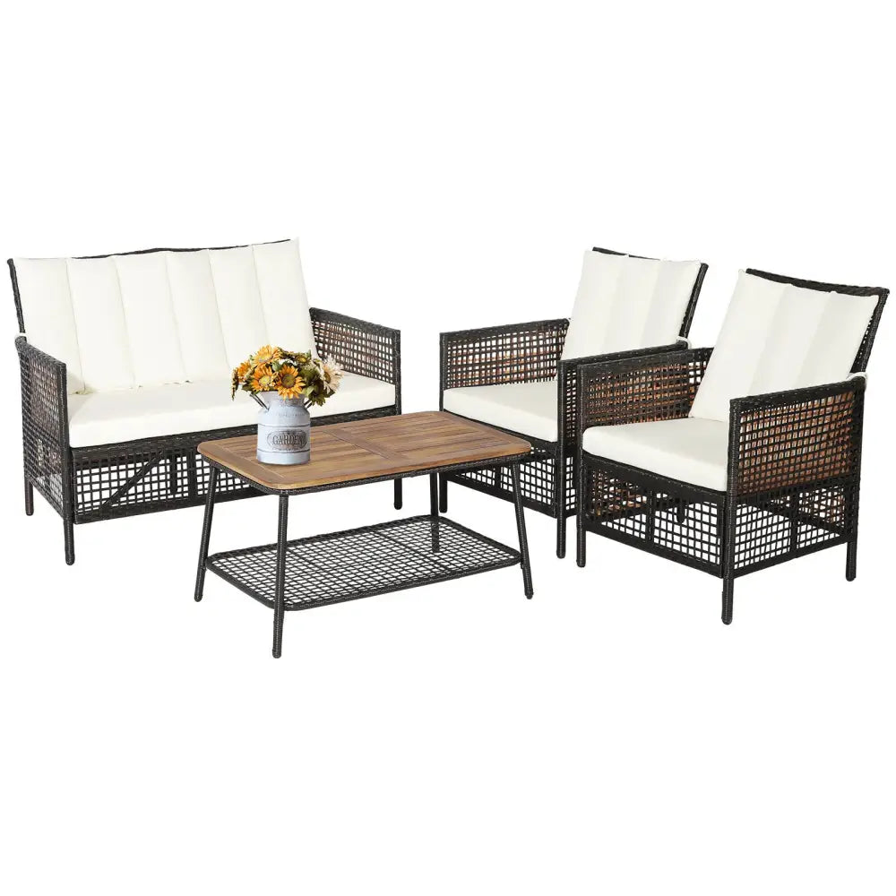 4 Pieces Patio Rattan Furniture Set with 2-Tier Coffee Table-White - White - Patio Conversation Sets
