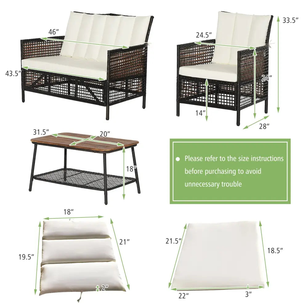 4 Pieces Patio Rattan Furniture Set with 2-Tier Coffee Table-White - White - Patio Conversation Sets
