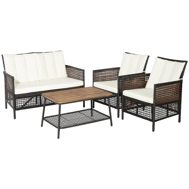 4 Pieces Patio Rattan Furniture Set with 2-Tier Coffee Table-White - White - Patio Conversation Sets
