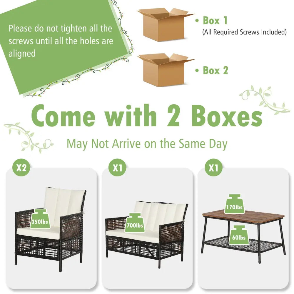 4 Pieces Patio Rattan Furniture Set with 2-Tier Coffee Table-White - White - Patio Conversation Sets