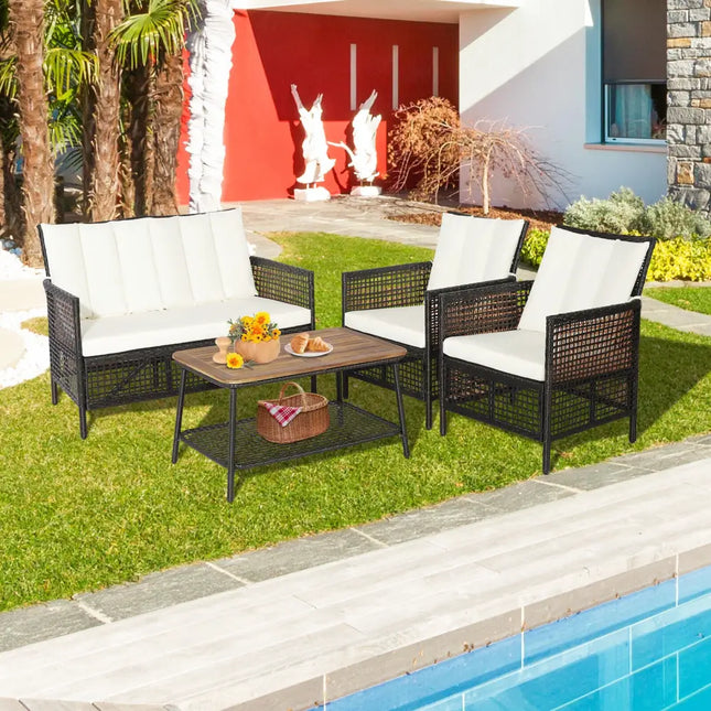 4 Pieces Patio Rattan Furniture Set with 2-Tier Coffee Table-White - White - Patio Conversation Sets