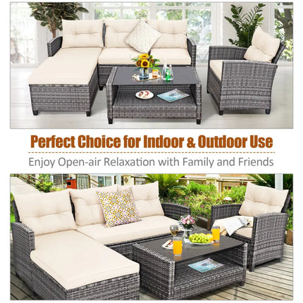 4 Pieces Patio Rattan Furniture Set with Cushion and Table Shelf-Off White - Off White - Outdoor Sectionals