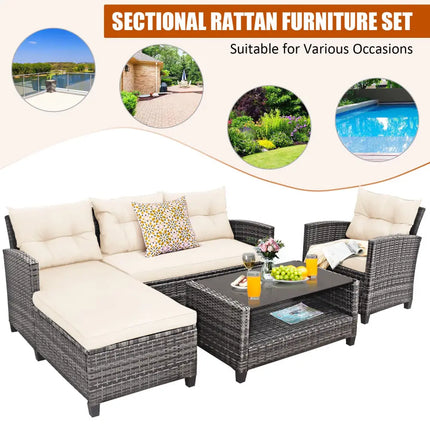 4 Pieces Patio Rattan Furniture Set with Cushion and Table Shelf-Off White - Off White - Outdoor Sectionals