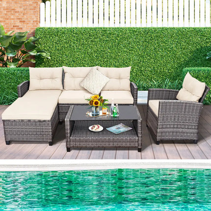4 Pieces Patio Rattan Furniture Set with Cushion and Table Shelf-Off White - Off White - Outdoor Sectionals