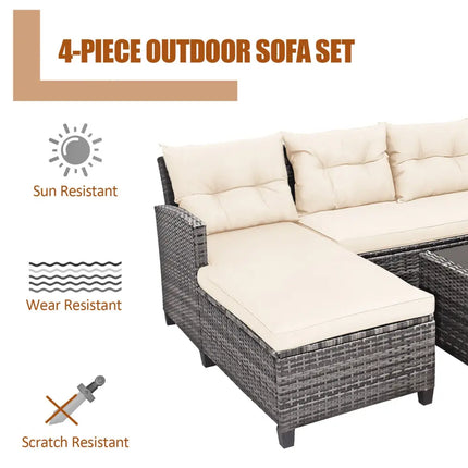 4 Pieces Patio Rattan Furniture Set with Cushion and Table Shelf-Off White - Off White - Outdoor Sectionals