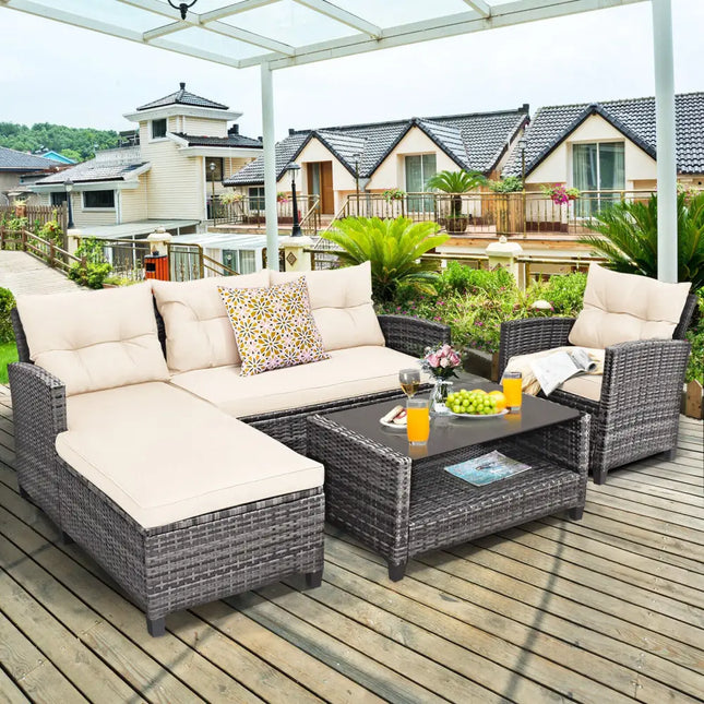 4 Pieces Patio Rattan Furniture Set with Cushion and Table Shelf-Off White - Off White - Outdoor Sectionals