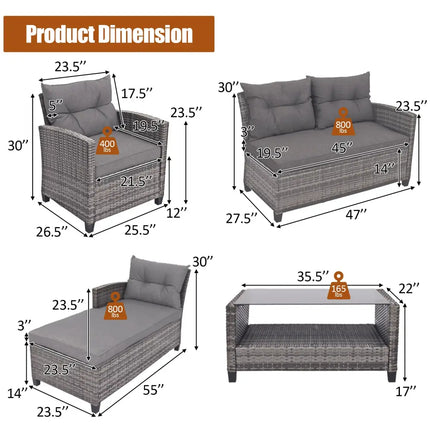 4 Pieces Patio Rattan Furniture Set with Cushion and Table Shelf-Gray - Gray - Outdoor Sectionals