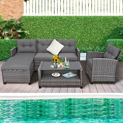 4 Pieces Patio Rattan Furniture Set with Cushion and Table Shelf-Gray - Gray - Outdoor Sectionals