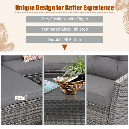 4 Pieces Patio Rattan Furniture Set with Cushion and Table Shelf-Gray - Gray - Outdoor Sectionals