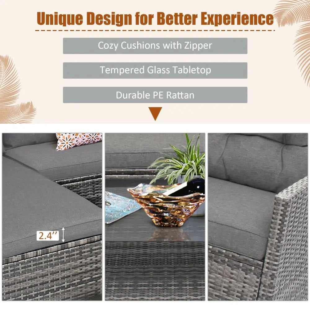 4 Pieces Patio Rattan Furniture Set with Cushion and Table Shelf-Gray - Gray - Outdoor Sectionals