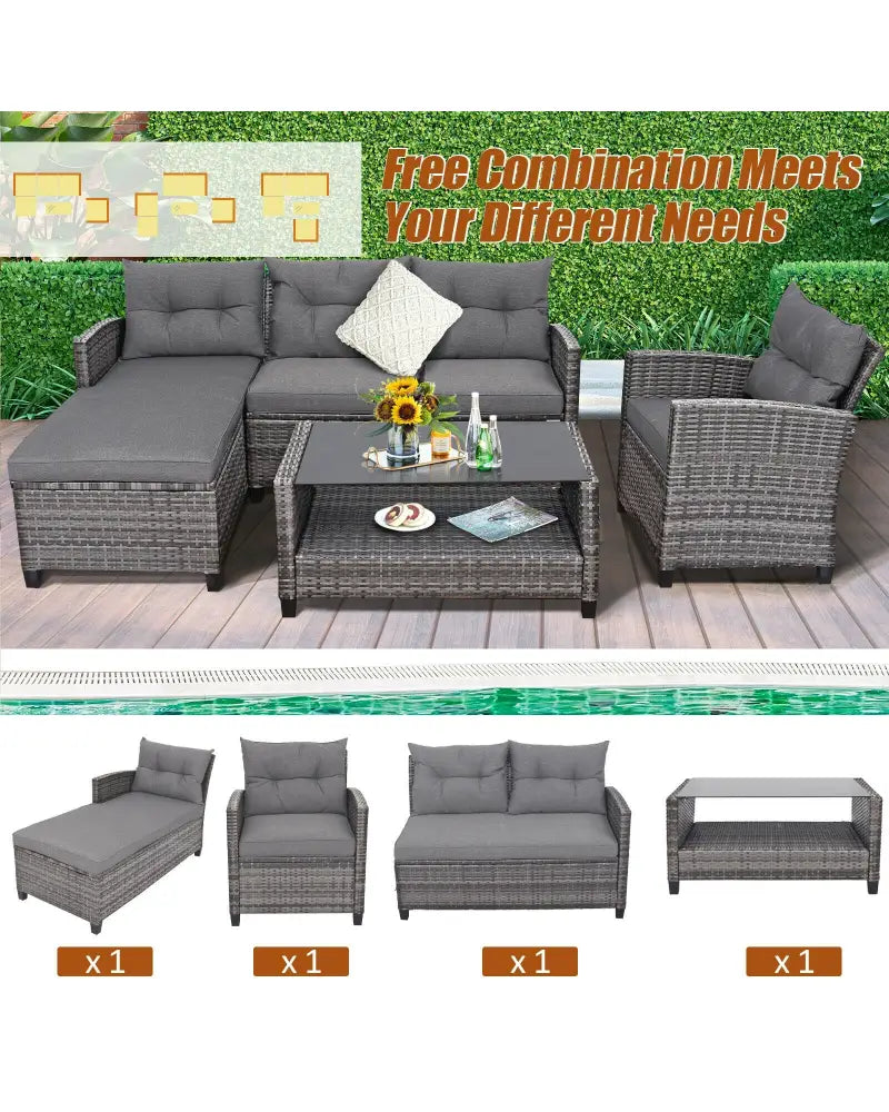 4 Pieces Patio Rattan Furniture Set with Cushion and Table Shelf-Gray - Gray - Outdoor Sectionals