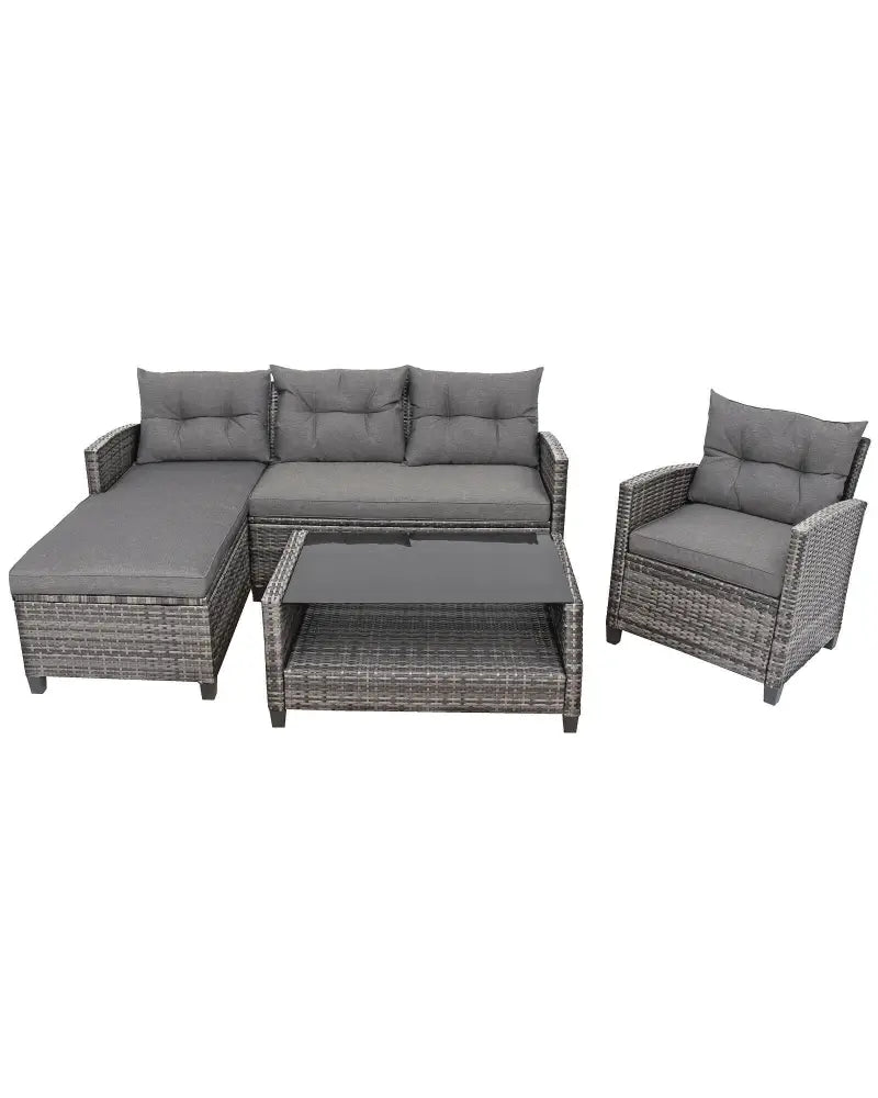 4 Pieces Patio Rattan Furniture Set with Cushion and Table Shelf-Gray - Gray - Outdoor Sectionals