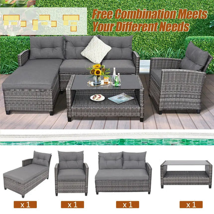 4 Pieces Patio Rattan Furniture Set with Cushion and Table Shelf-Gray - Gray - Outdoor Sectionals