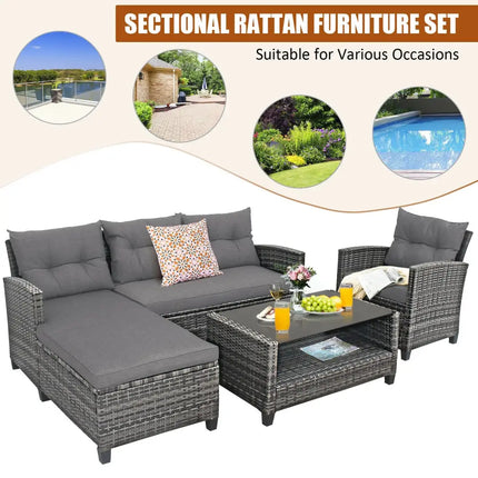 4 Pieces Patio Rattan Furniture Set with Cushion and Table Shelf-Gray - Gray - Outdoor Sectionals