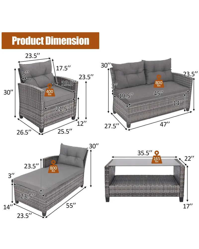4 Pieces Patio Rattan Furniture Set with Cushion and Table Shelf-Gray - Gray - Outdoor Sectionals