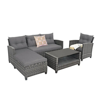 4 Pieces Patio Rattan Furniture Set with Cushion and Table Shelf-Gray - Gray - Outdoor Sectionals